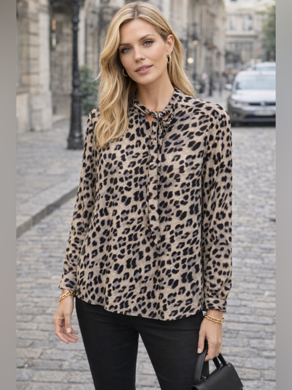 Noir Leopard-Print Tie-Neck Blouse – Size M